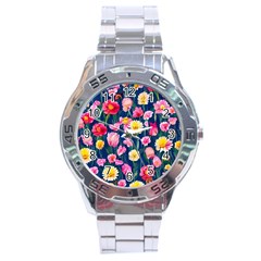 Botanical Flowers Pattern Stainless Steel Analogue Watch by GardenOfOphir