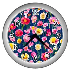 Botanical Flowers Pattern Wall Clock (silver) by GardenOfOphir