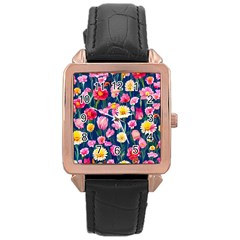 Botanical Flowers Pattern Rose Gold Leather Watch  by GardenOfOphir