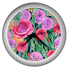 Boho Retropical Flowers Wall Clock (silver) by GardenOfOphir