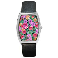 Boho Retropical Flowers Barrel Style Metal Watch by GardenOfOphir