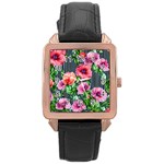 Vintage Botanic Flowers In A Watercolor Rose Gold Leather Watch  Front