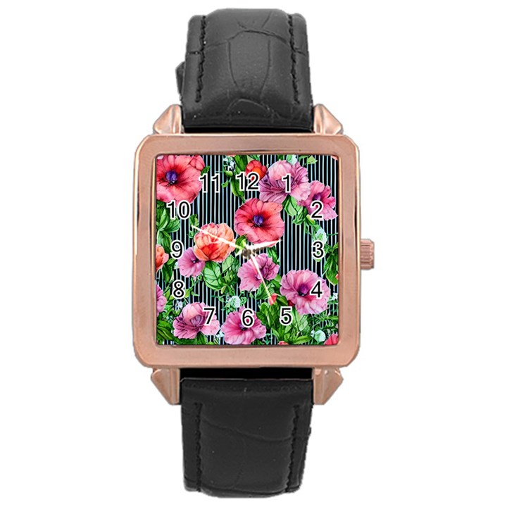 Vintage Botanic Flowers In A Watercolor Rose Gold Leather Watch 