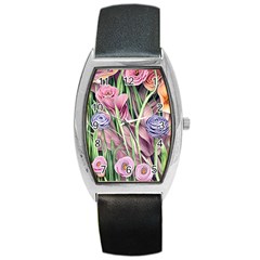 Ottagecore Aesthetics Retro Flowers Pattern Barrel Style Metal Watch by GardenOfOphir