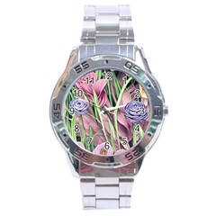 Ottagecore Aesthetics Retro Flowers Pattern Stainless Steel Analogue Watch by GardenOfOphir