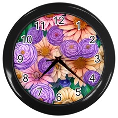 Exotic Tropical Botanical Flowers Pattern Wall Clock (black) by GardenOfOphir