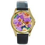 Exotic Tropical Botanical Flowers Pattern Round Gold Metal Watch Front