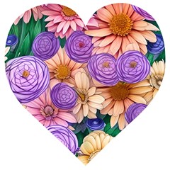 Exotic Tropical Botanical Flowers Pattern Wooden Puzzle Heart by GardenOfOphir