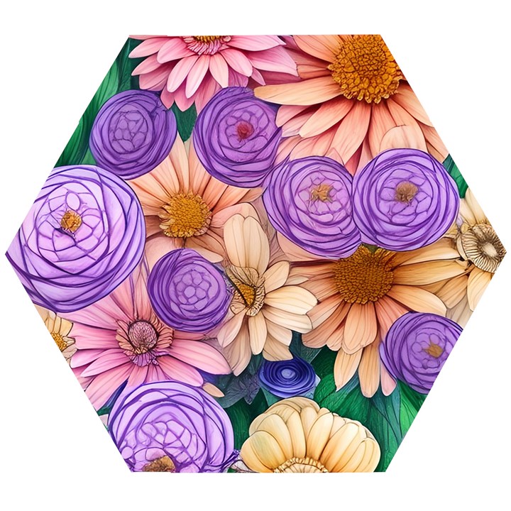 Exotic Tropical Botanical Flowers Pattern Wooden Puzzle Hexagon