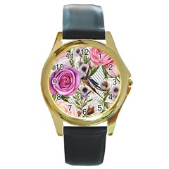 Summertime Blooms Round Gold Metal Watch by GardenOfOphir