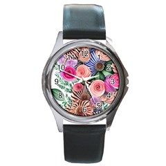 Boho Botanical Flowers Round Metal Watch by GardenOfOphir