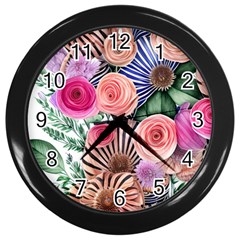 Boho Botanical Flowers Wall Clock (black) by GardenOfOphir