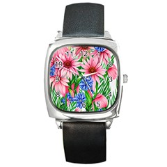 Exotic Tropical Flowers Square Metal Watch by GardenOfOphir