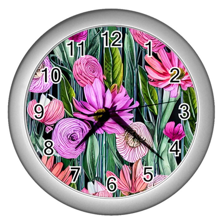 Floral Watercolor Wall Clock (Silver)