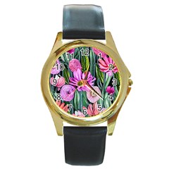 Floral Watercolor Round Gold Metal Watch by GardenOfOphir