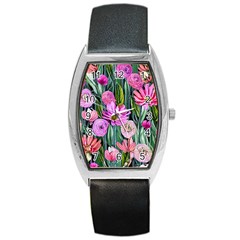 Floral Watercolor Barrel Style Metal Watch by GardenOfOphir