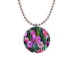 Floral Watercolor 1  Button Necklace by GardenOfOphir