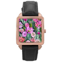 Floral Watercolor Rose Gold Leather Watch  by GardenOfOphir