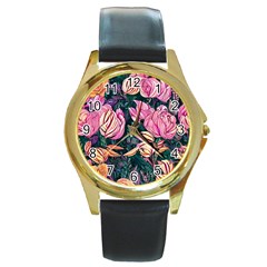 Retro Botanical Flowers Round Gold Metal Watch by GardenOfOphir