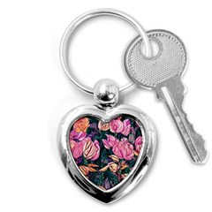 Retro Botanical Flowers Key Chain (heart) by GardenOfOphir