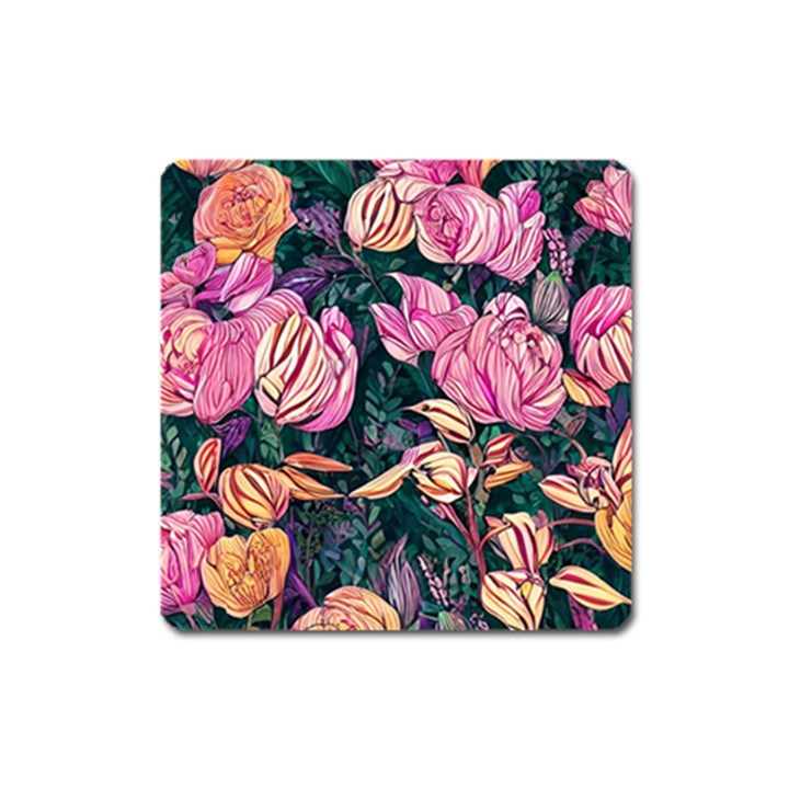 Retro Botanical Flowers Square Magnet