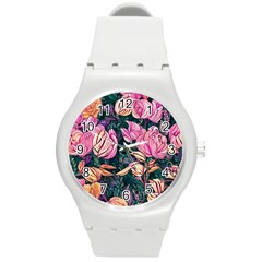 Retro Botanical Flowers Round Plastic Sport Watch (m) by GardenOfOphir