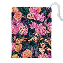 Retro Botanical Flowers Drawstring Pouch (4xl) by GardenOfOphir