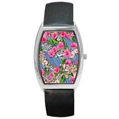 Vintage Botanical Flowers Barrel Style Metal Watch