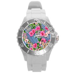 Vintage Botanical Flowers Round Plastic Sport Watch (L)