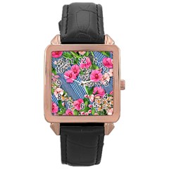 Vintage Botanical Flowers Rose Gold Leather Watch 