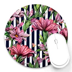 Tropical Botanical Flowers In Watercolor Round Mousepad by GardenOfOphir