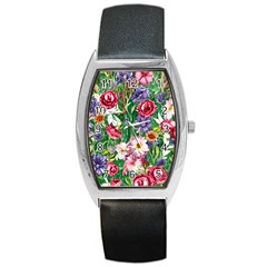 Vintage Tropical Flowers Barrel Style Metal Watch by GardenOfOphir