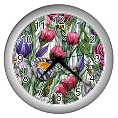 Watercolor Tropical Flowers Wall Clock (silver) by GardenOfOphir