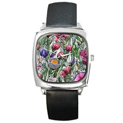 Watercolor Tropical Flowers Square Metal Watch