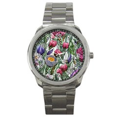 Watercolor Tropical Flowers Sport Metal Watch