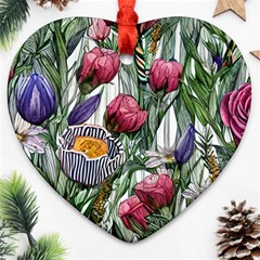 Watercolor Tropical Flowers Heart Ornament (Two Sides)