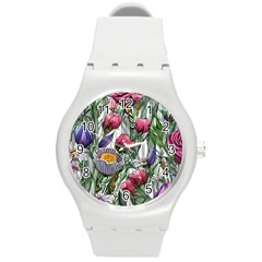 Watercolor Tropical Flowers Round Plastic Sport Watch (M)