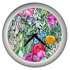 Cottagecore Tropical Flowers Wall Clock (silver) by GardenOfOphir