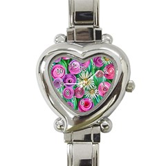 Tropical Flowers Pattern Heart Italian Charm Watch by GardenOfOphir