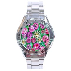 Tropical Flowers Pattern Stainless Steel Analogue Watch by GardenOfOphir