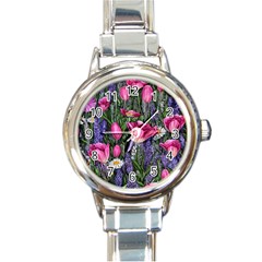 Cheerful Watercolor Flowers Round Italian Charm Watch by GardenOfOphir