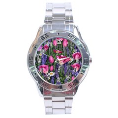 Cheerful Watercolor Flowers Stainless Steel Analogue Watch by GardenOfOphir