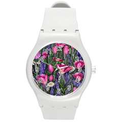 Cheerful Watercolor Flowers Round Plastic Sport Watch (m) by GardenOfOphir