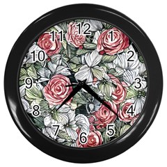 Retro Topical Botanical Flowers Wall Clock (black) by GardenOfOphir