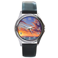 Summer Sunset Over Beach Round Metal Watch by GardenOfOphir