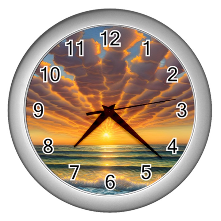 Waves At Sunset Wall Clock (Silver)