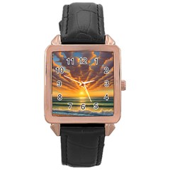 Waves At Sunset Rose Gold Leather Watch  by GardenOfOphir