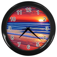 Golden Sunset Over Beach Wall Clock (black) by GardenOfOphir