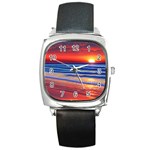 Golden Sunset Over Beach Square Metal Watch Front