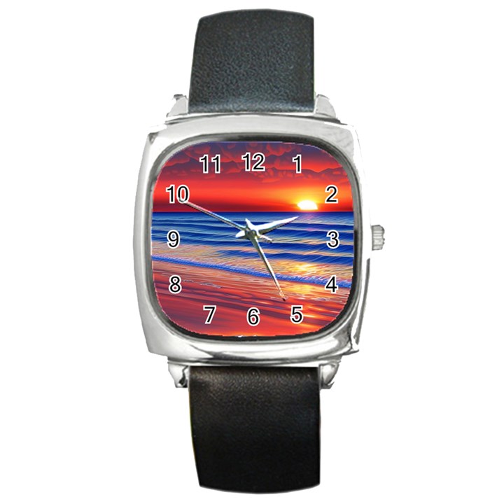 Golden Sunset Over Beach Square Metal Watch